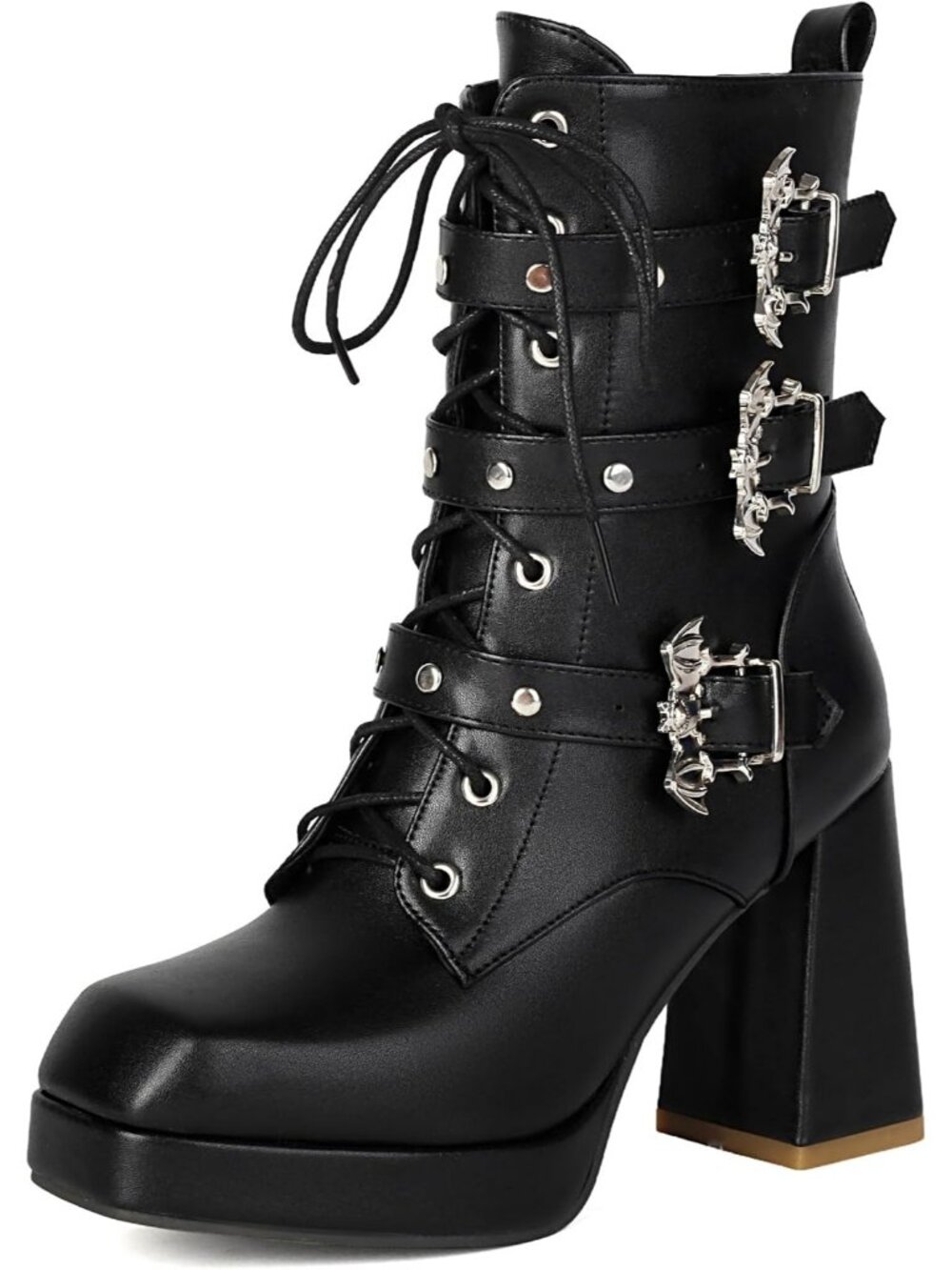 Women's Moto Black Buckle Rivets Punk Block Heel Round Toe Zipper Ankle Boots